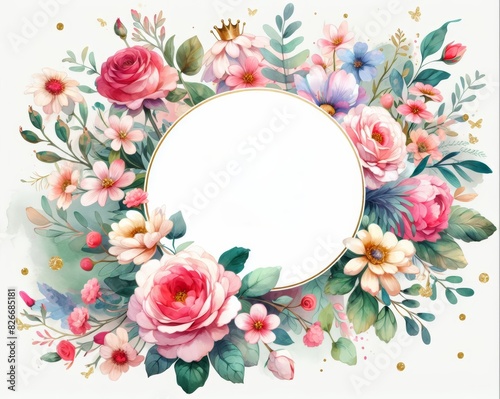 Circular floral frame with vibrant roses, daisies, and various flowers for invitations and designs © Tadeusz