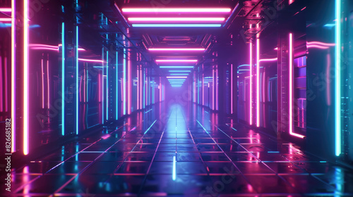 A long hallway illuminated by neon lights with a sleek black floor, creating a futuristic and industrial atmosphere