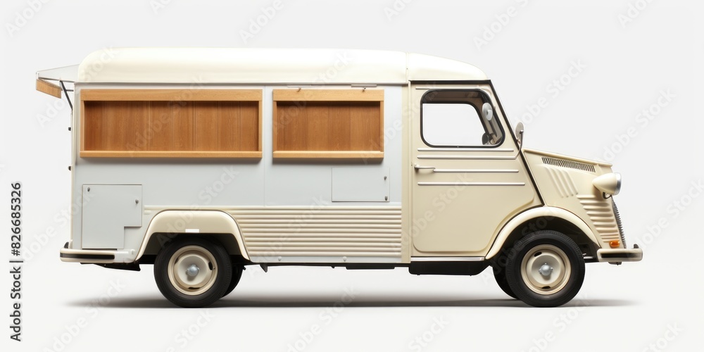 A white van with wooden shutters on the windows