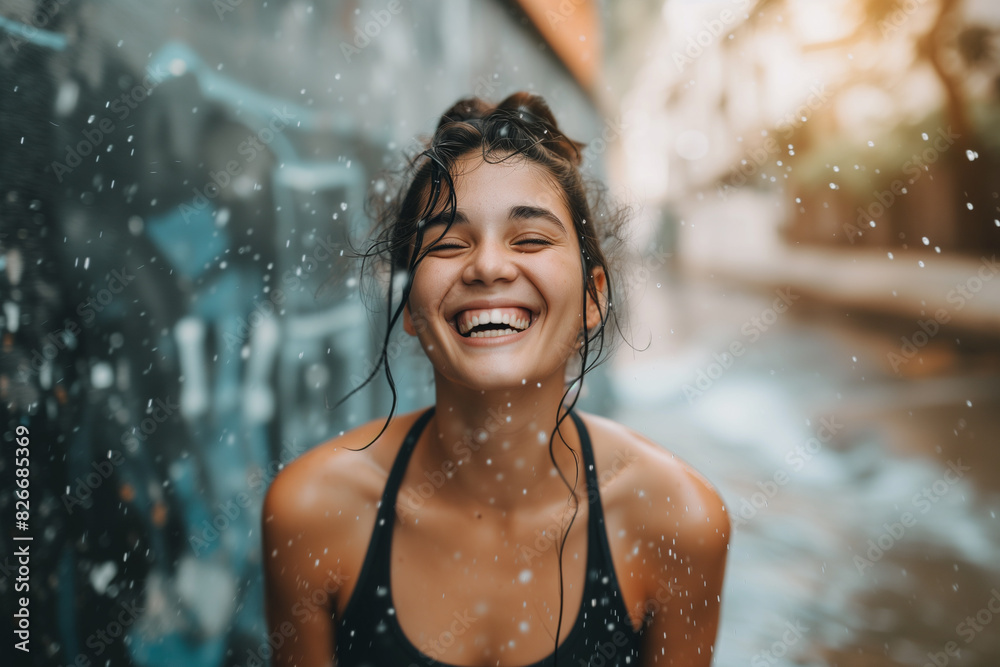 Obraz premium Attractive Caucasian female fitness coach Smiling and Posing Confidently to the Camera, young healthy sports woman doing exercise at gym, Happy young girl Laughing, lady athlete professional trainer