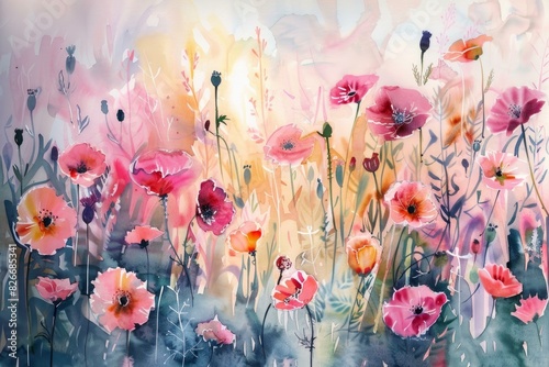Abstract watercolor painting of vibrant wildflowers in a dreamy meadow