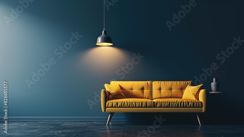 A yellow couch sits in front of a wall with a lamp hanging from the ceiling. The room is empty and has a modern, minimalist feel