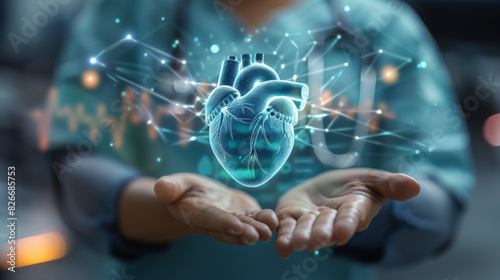 A person holds out their hands, presenting a holographic projection of a human heart, symbolizing innovative technology in healthcare and medical research.