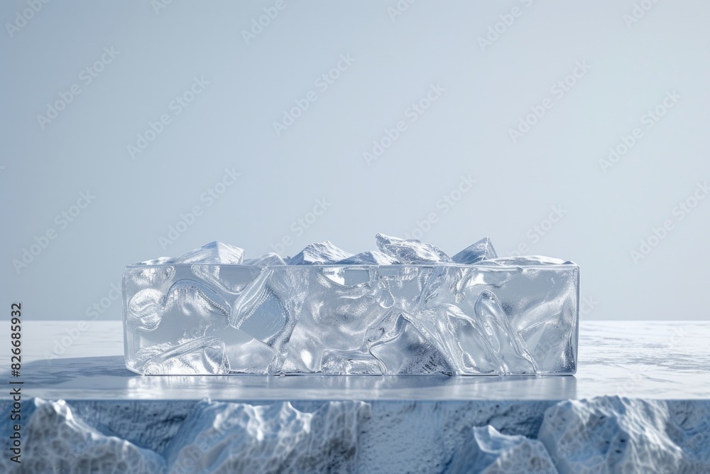 A block of ice with a few pieces missing. The ice is surrounded by mountains and a rocky shoreline. Concept of isolation and coldness, as well as the beauty of nature A block of ice with a few pieces missing. The ice is surrounded by mountains and a rocky shoreline. Concept of isolation and coldness, as well as the beauty of nature