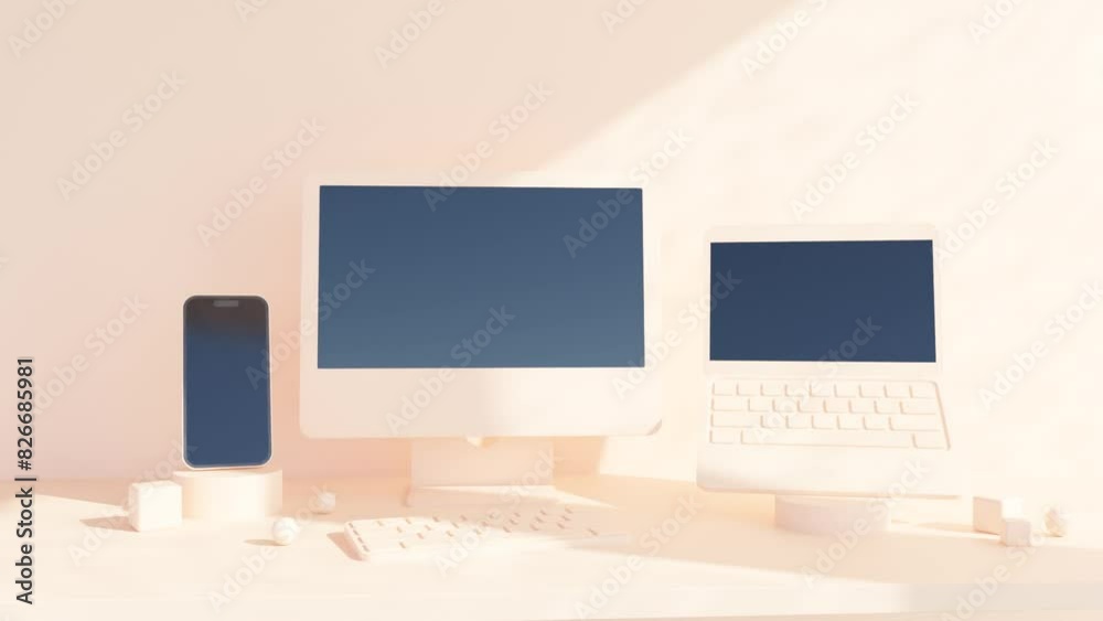 Abstract 3D Scene with Phone, Laptop, and Monitor in Uniform Peach Color: Animation Background, Geometric Design, Modern Render