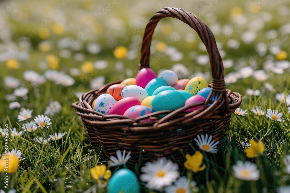 A basket full of Easter eggs is sitting in a field of yellow and white flowers. The basket is woven and filled with a variety of colored eggs, including some that are painted. The scene is peaceful