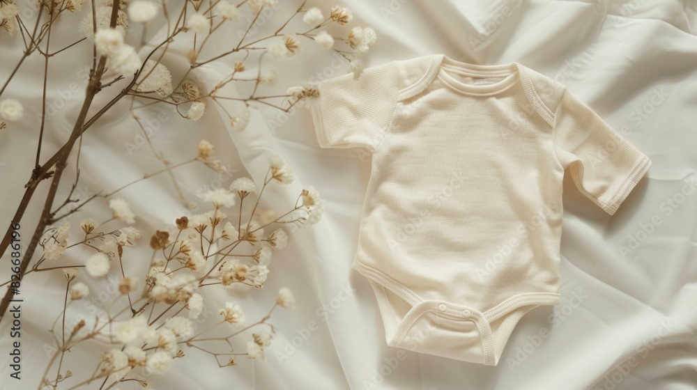 A baby's white onesie is on a white sheet with a bunch of flowers A baby's white onesie is on a white sheet with a bunch of flowers