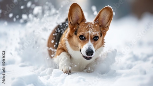 A dog is running through the snow with its ears back. The dog appears to be enjoying itself and is full of energy