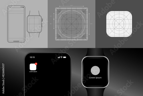 Wireframe of a phone and a smartwatch. Templates and design grid for app icons.