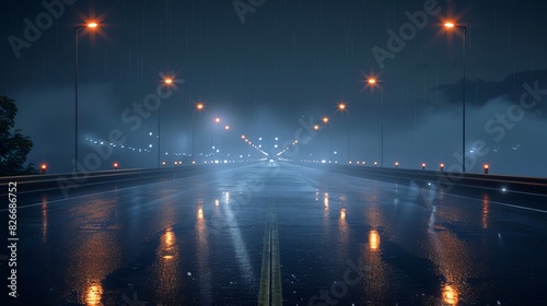 Fototapeta Naklejka Na Ścianę i Meble -  3d render of wet asphalt road in smoky nighttime setting with dark atmospheric background