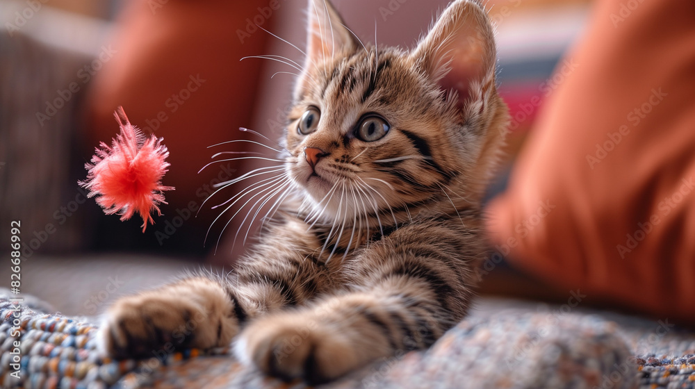 Kittens playing with feather toys