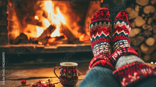 A person is sitting in front of a fireplace with a mug of coffee in front of them. The person is wearing red and blue socks and he is enjoying a relaxing moment photo