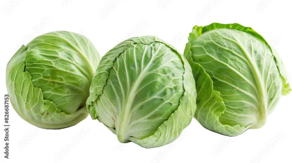 Three fresh green cabbages with tightly packed leaves arranged side by side against a white background, showcasing a healthy vegetable option. Three fresh green cabbages with tightly packed leaves arranged side by side against a white background, showcasing a healthy vegetable option.