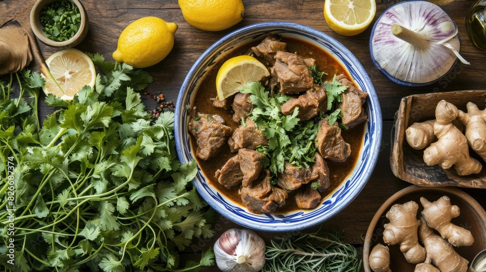 A bowl of meat with a bunch of parsley and lemon slices on a table A bowl of meat with a bunch of parsley and lemon slices on a table