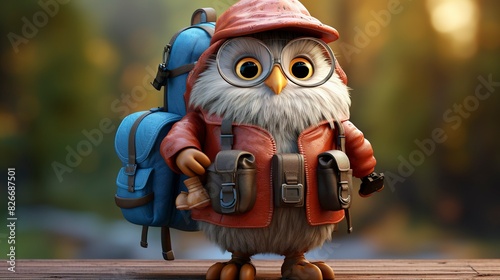A photo of a 3D character with a backpack and binocular