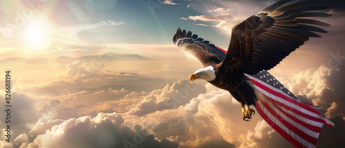 An eagle soaring above the clouds, carrying an American flag in its talons. The background is a sky with white clouds and sunlight filtering through them. High resolution photo