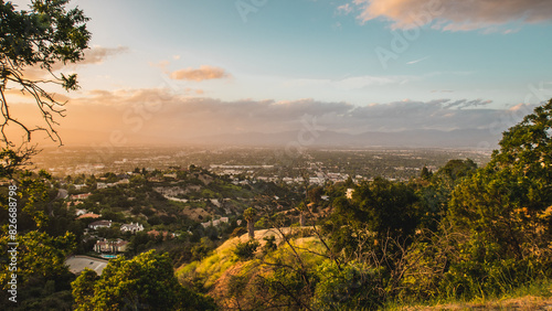 View of Los Angeles California from the mountain at sunset