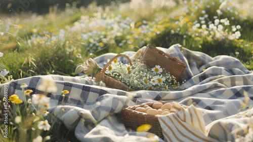 Romantic Countryside Picnic: A romantic picnic setup in a picturesque countryside, with a blanket, basket of food, and wildflowers.