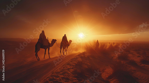 The Three wise men riding camels in the desert on sunset