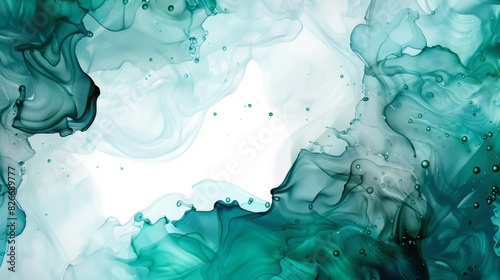 Abstract liquid fluid art painting background in teal blue green cool tones with alcohol ink technique on white banner text space © touseef