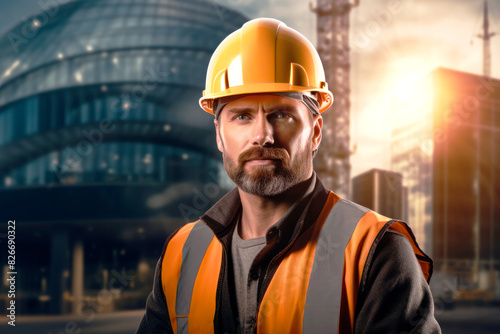 European builder in a safety helmet looks at the camera against a construction background.
