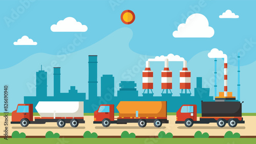 Endless streams of trucks and tanker ships arrive at the refinery ready to unload their valuable cargo of crude oil for processing.. Vector illustration