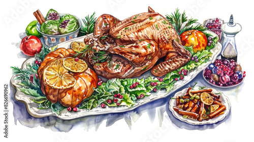 A realistic drawing of a cooked turkey on a serving platter, ready for a festive meal