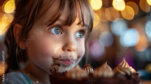 A young girl is enjoying a slice of chocolate cake using a fork. She is savoring the delicious dessert at an event, her bangs brushing against her eyelashes AIG50