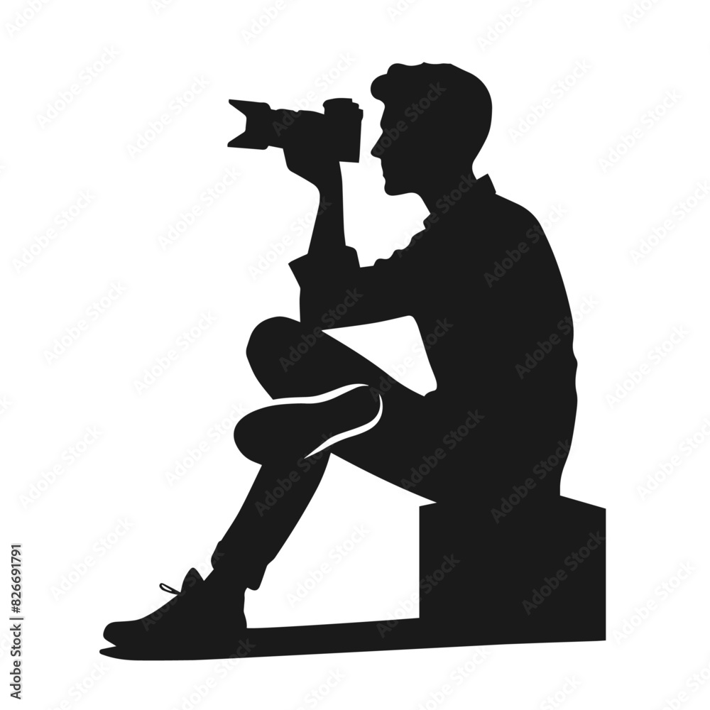 Photographer at Rest - Vector Silhouette of a Man Sitting and Capturing Moments, Graphic flat design drawing stylized male photographer of paparazzi taking photo with modern digital camera with angles