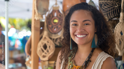 beautiful Samoan woman smiling at the camera, standing in front of her handmade art and craft stall selling various wooden carvings with traditional oceanic designs
