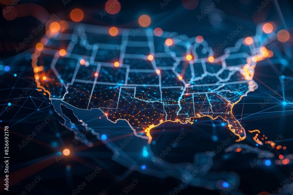 Digital map of america network connectivity created with generative ai Digital map of america network connectivity created with generative ai