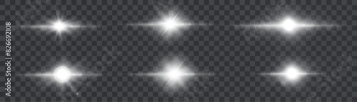 The effect of white light from the sun with reflections on a dark background. Bright sun. Vector 10 EPS