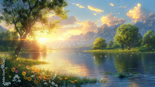 Beautiful landscape with lake and mountains at sunset 2d illustration photo