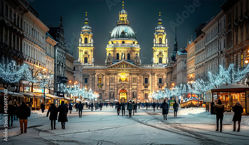 Town square of old European city with cathedral at night