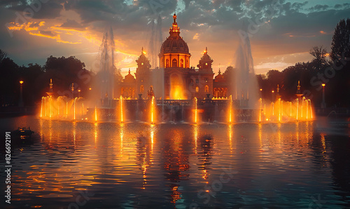 Beautiful palace with regular park and fountains, inspired by palaces of 18-19th centuries at night 