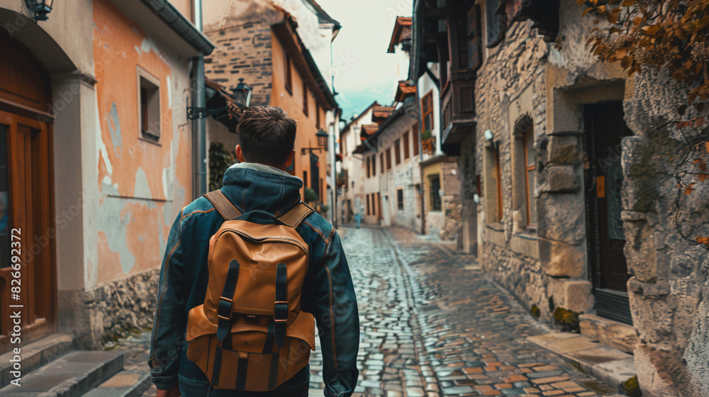 Man with backpack exploring charming european town. A solo traveler with a backpack discovers the hidden gems of a picturesque European town, capturing the spirit of adventure and wanderlust. Man with backpack exploring charming european town. A solo traveler with a backpack discovers the hidden gems of a picturesque European town, capturing the spirit of adventure and wanderlust.