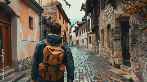 Man with backpack exploring charming european town. A solo traveler with a backpack discovers the hidden gems of a picturesque European town, capturing the spirit of adventure and wanderlust.