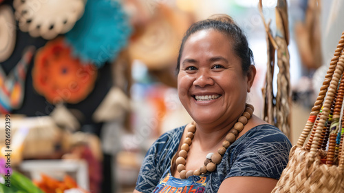 happy Samoan woman in her small craft store selling handcrafted wooden necklaces and handmade baskets, showcasing the vibrant colors of Hawaiian artistry 