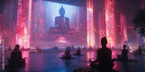 People meditating in front of a large digital Buddha projection. Futuristic spiritual practice. Sci-fi meditation concept. Design for poster, banner, wallpaper, header photo