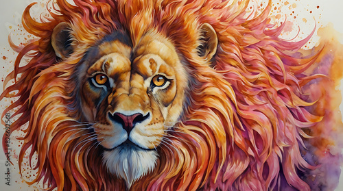  dystopian radiant manticore  its fur a kaleidoscope of vivid oranges and pinks  its mane flowing like flames in a watercolor painting. The main subject is a mythical creature with lion-like features 