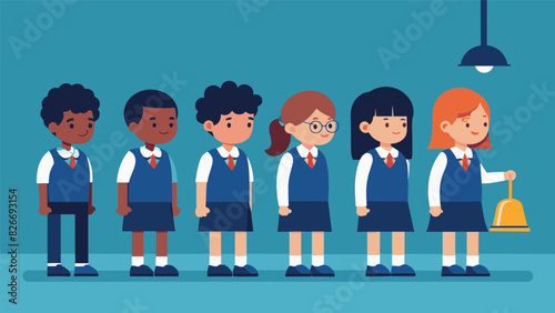 A line of students lined up in their neat school uniforms eagerly await the first bell of the school year to ring.. Vector illustration
