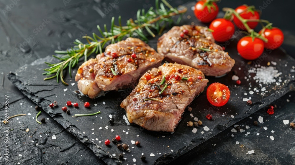 Marinated organic pork steak with dry spices sea salt and cherry tomatoes on a stone background Concept of preparing animal protein dish