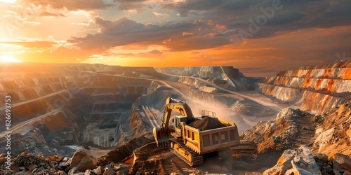 Excavator at open pit mining site during sunset quarry excavation. Concept Excavator Operations, Open Pit Mining, Sunset Scenes, Quarry Excavation, Heavy Machinery photo