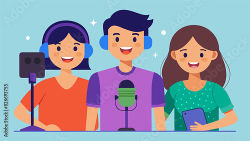 A trio of siblings recording an episode about the effects of social media on body image and selfesteem in teenagers.. Vector illustration
