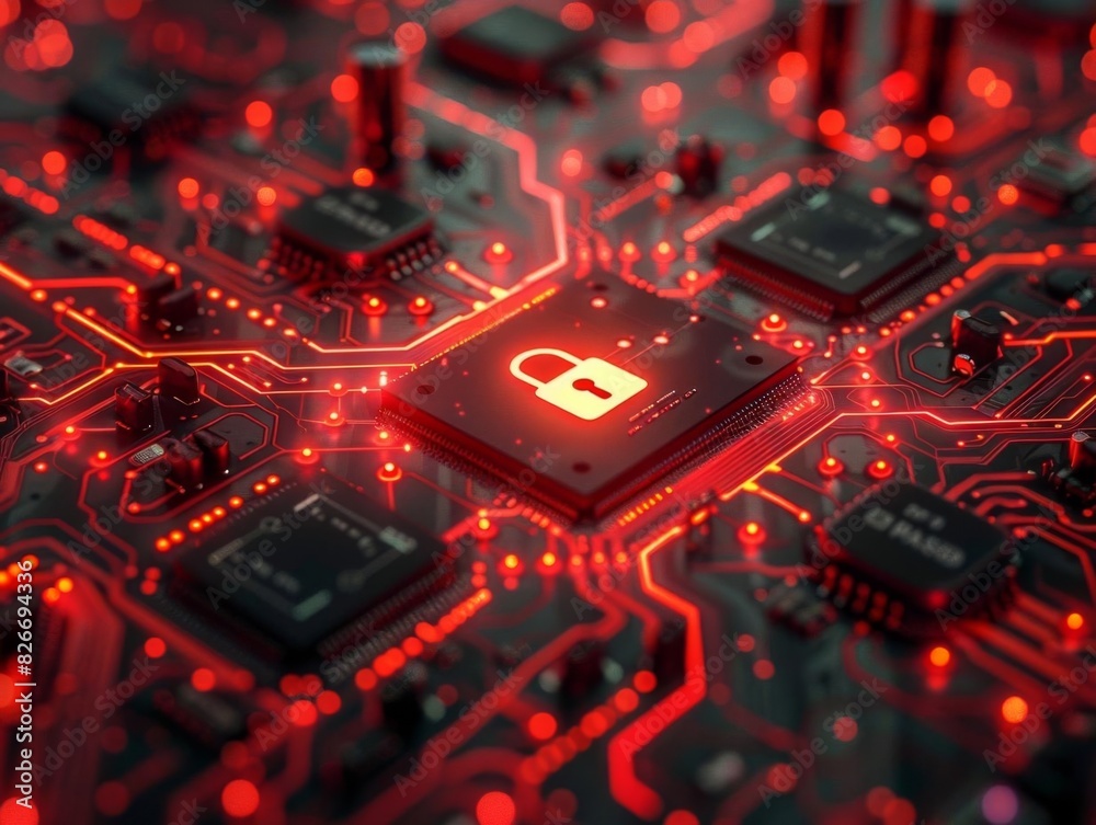 Innovative electronic circuit design with vivid lights and central padlock icon for data protection Innovative electronic circuit design with vivid lights and central padlock icon for data protection