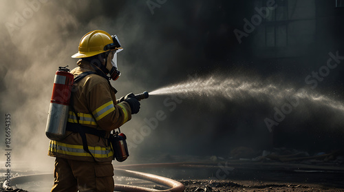 Portrait Rear view of Firefighter fighting flames with a fire hose water spray pipe. Firefighters in suit and helmet 