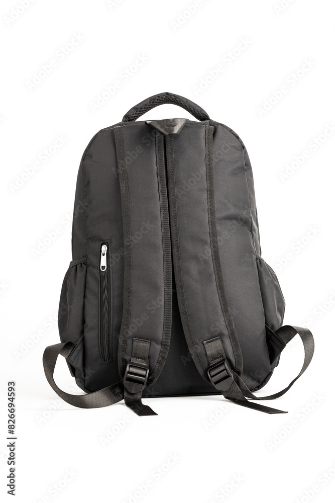 Black backpack on white isolated background. Back to school, education, childhood, primary school theme.