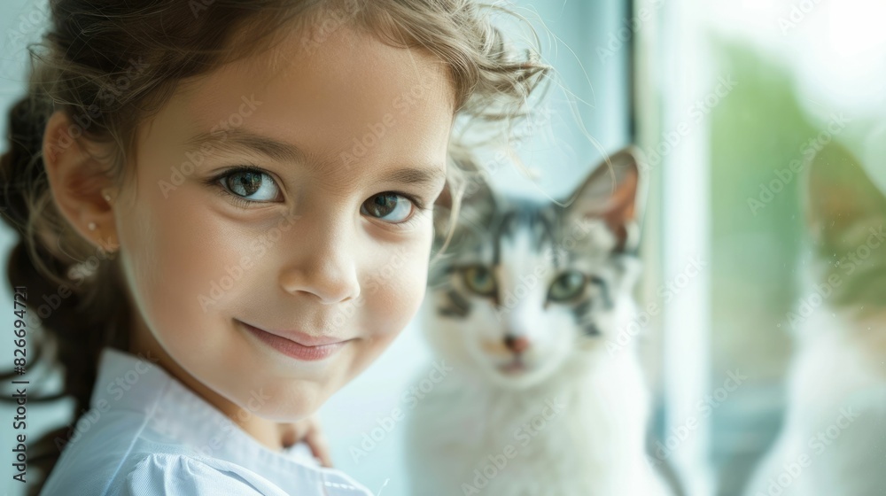 A happy little girl with a big smile is sitting next to her loyal ...