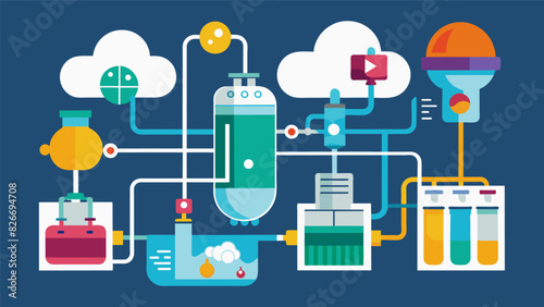 The constant movement of liquids and gases through a complex system of separators and condensers.. Vector illustration