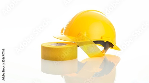 Yellow Hard Hat with a roll of safety yellow construction tape on a isolated on white background. photo